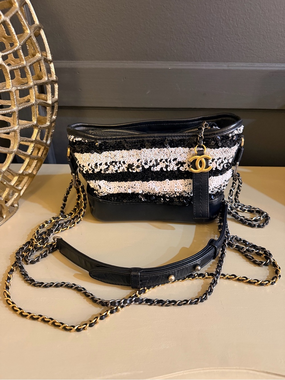 Chanel Gabrielle Hobo Sequin Stripe Black & White Crossbody | Authentic with COA